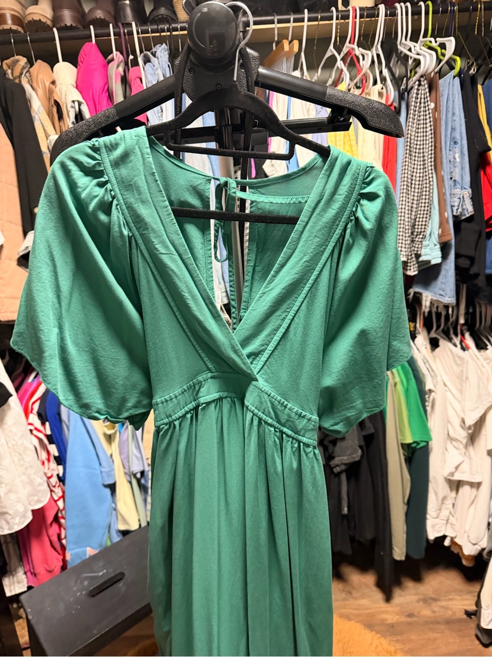 Green V-Neck Flutter Sleeve Dress - Unbranded